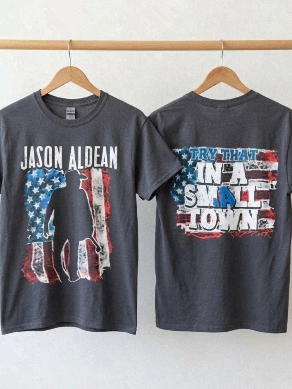 Jason Aldean Try That In A Small Town American Flag Grey T-Shirt Reprint
